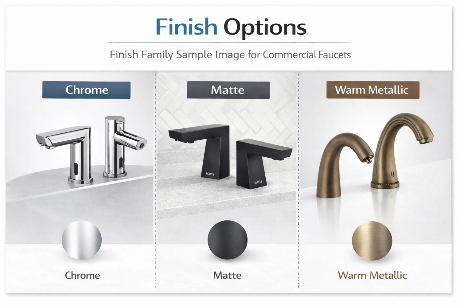 Finish family sample image showing chrome, matte, and warm metallic options