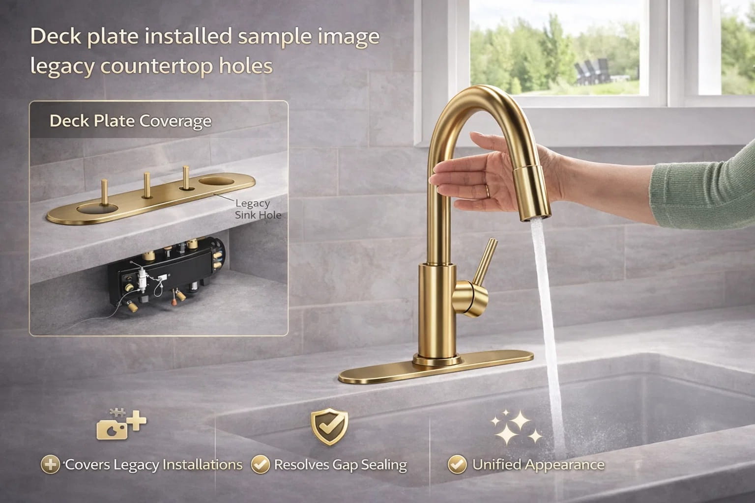 Deck plate installed sample image covering legacy countertop holes