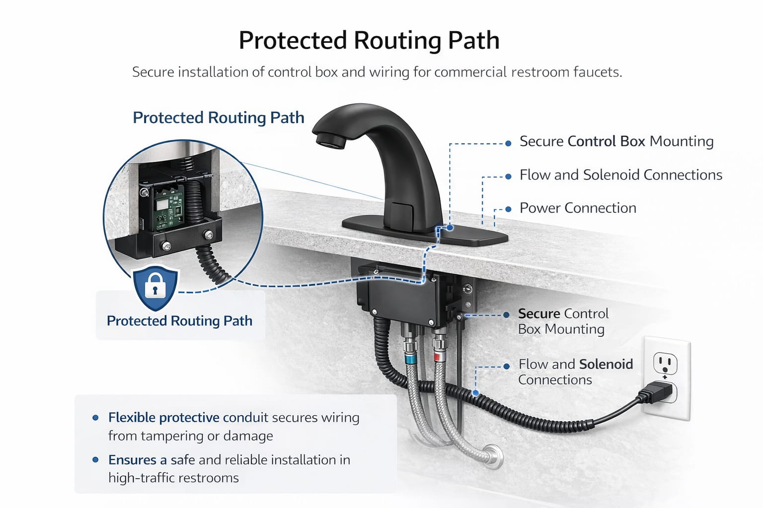 Protected routing path sample image for control box and wiring in commercial restroom