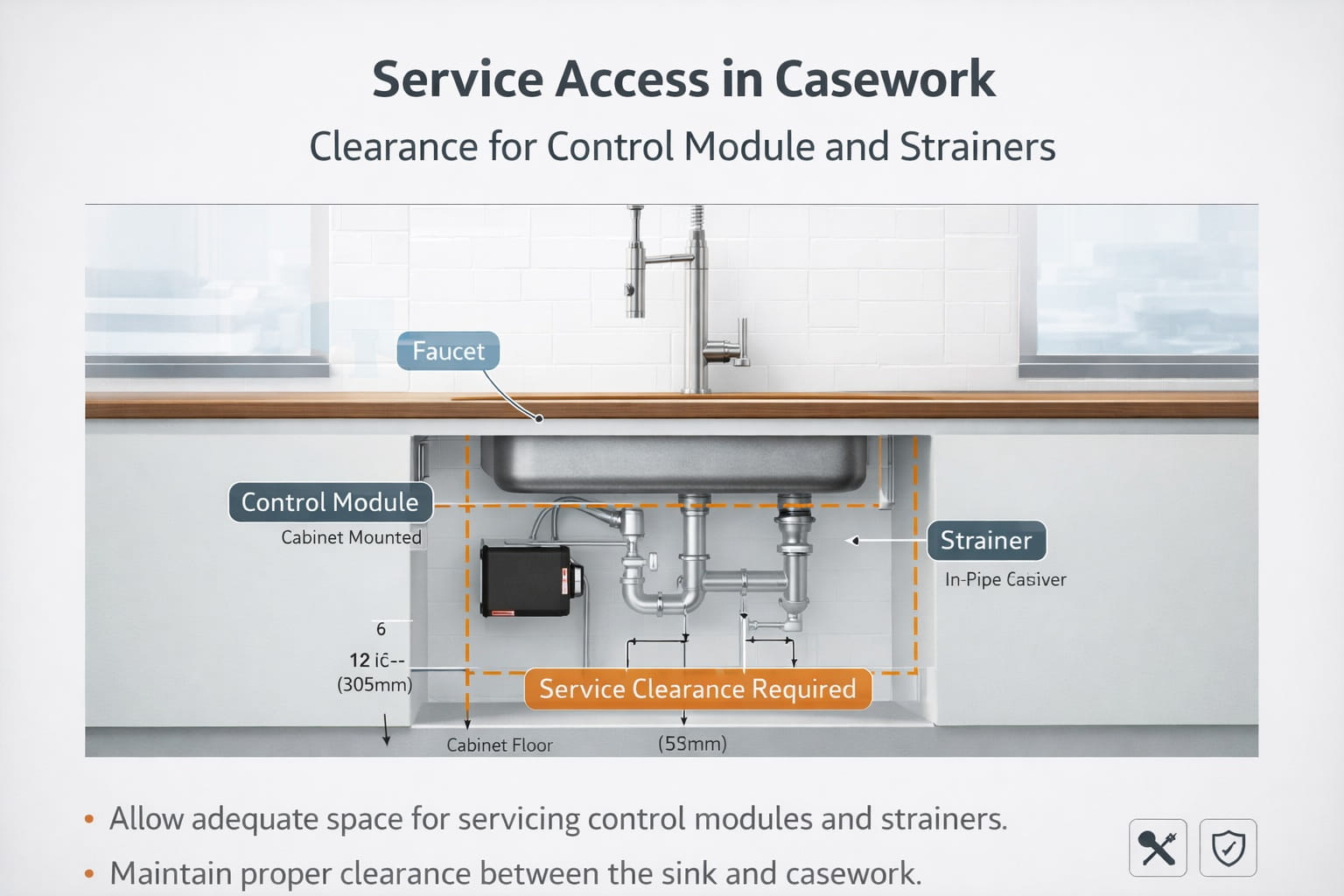 Service access in casework sample image showing clearance for control module and strainers