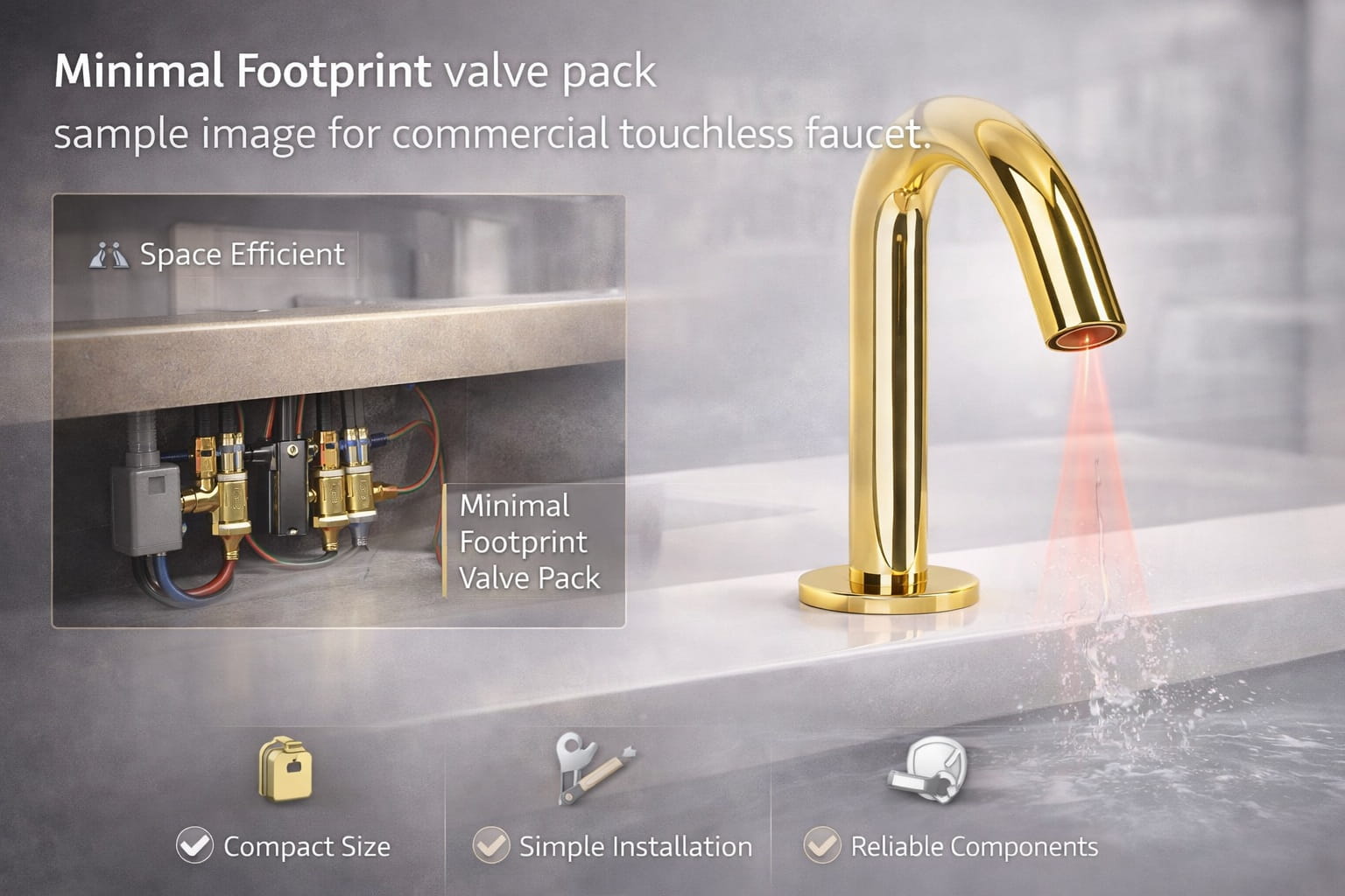 Minimal footprint valve pack sample image for commercial touchless faucet