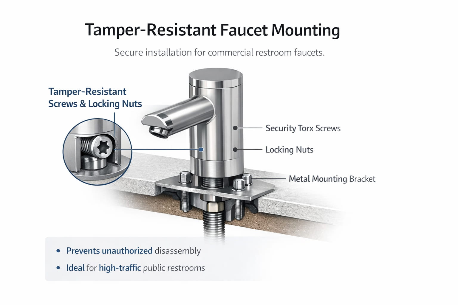 Tamper-resistant fasteners sample image on commercial faucet mounting