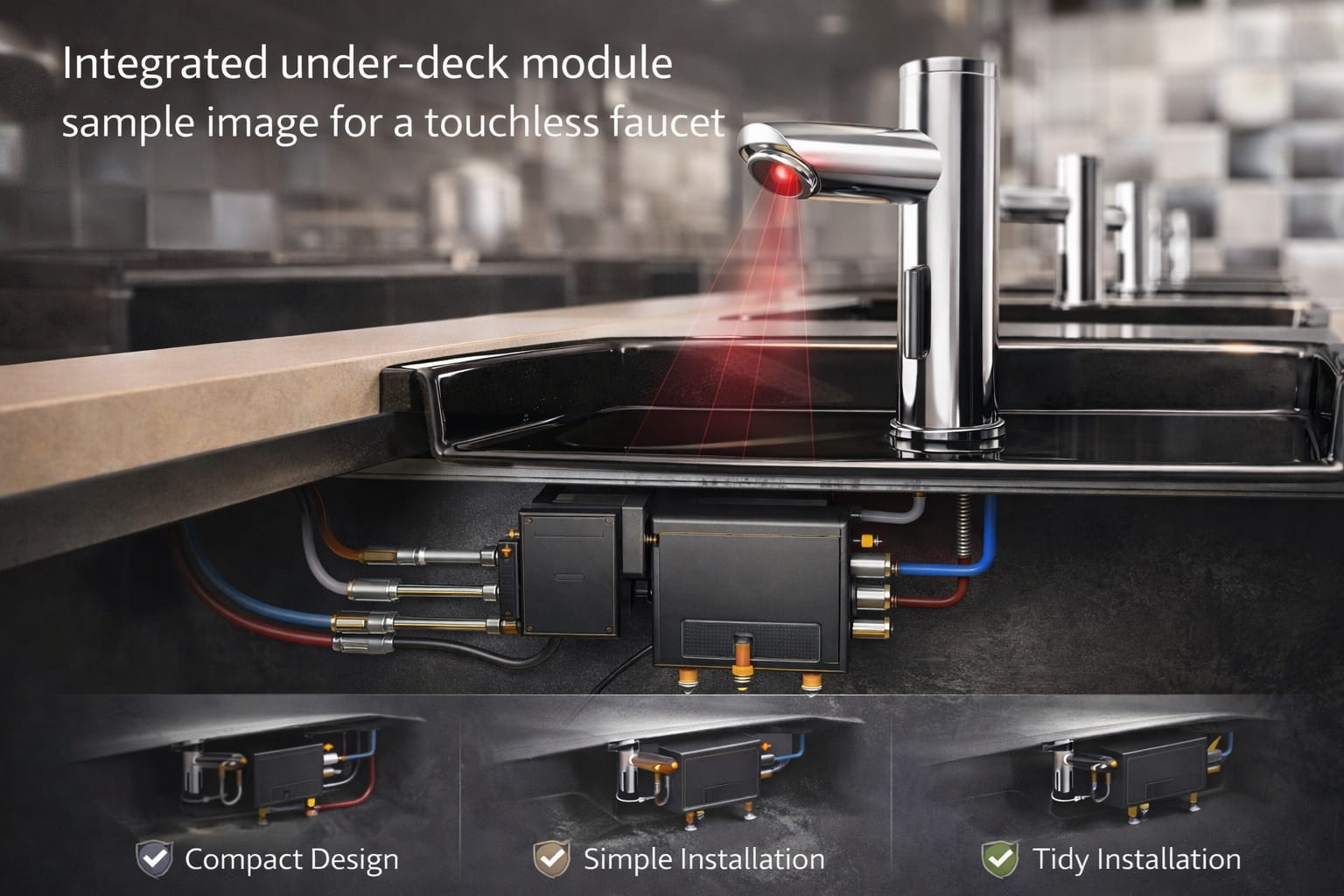 Integrated under-deck module sample image for a touchless faucet