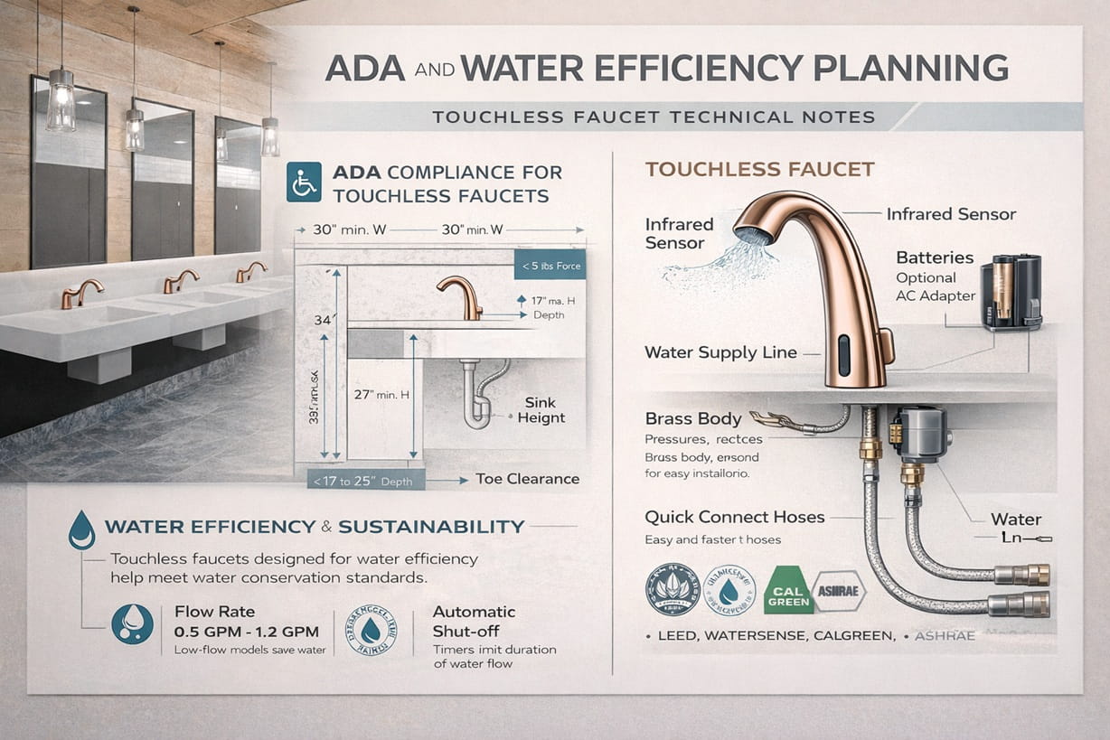 ADA and water efficiency planning materials beside touchless faucet technical notes