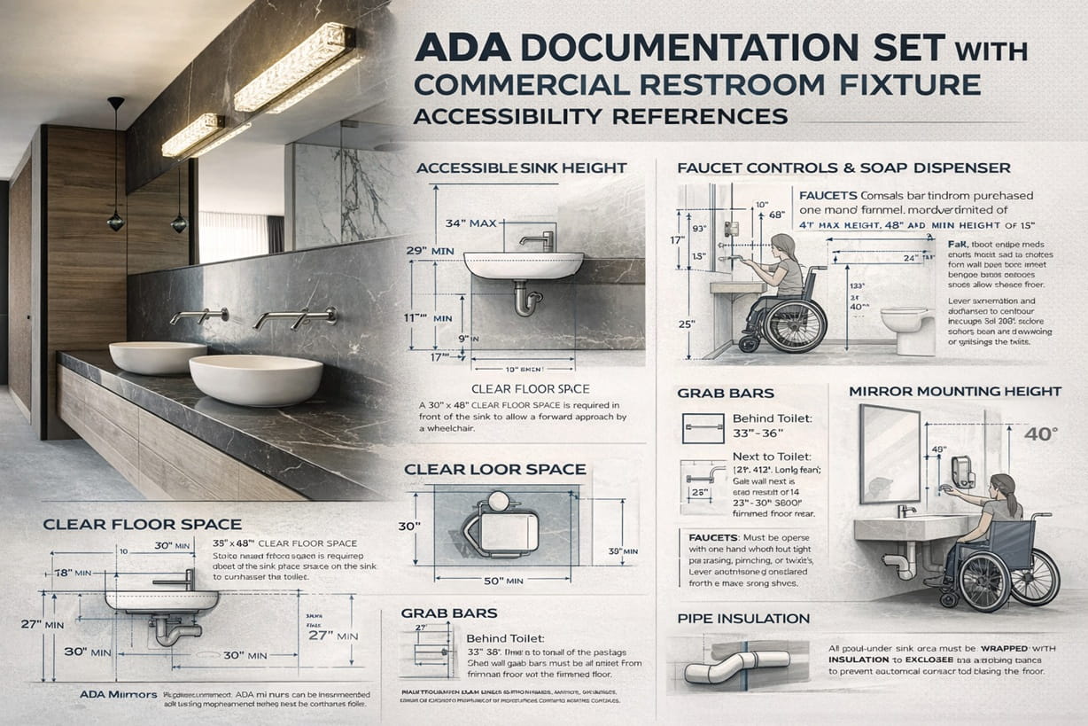 ADA documentation set with commercial restroom fixture accessibility references