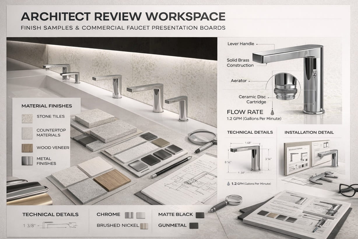 Architect review workspace with finish samples and commercial faucet presentation boards