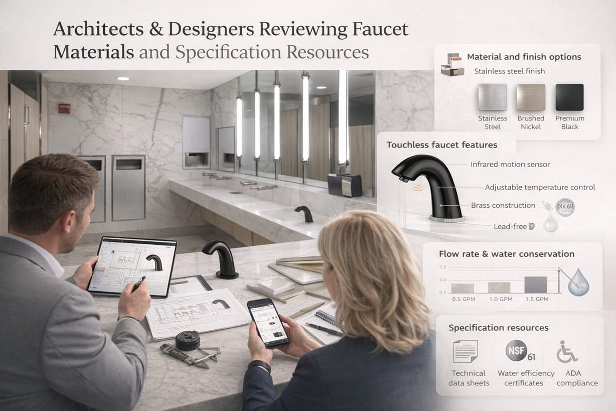Architects and designers reviewing faucet materials and specification resources