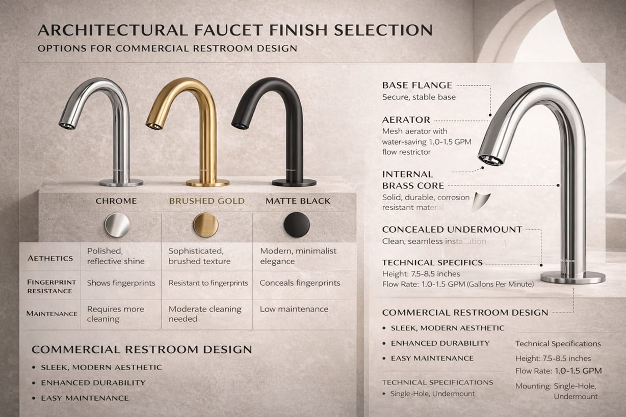 Architectural faucet finish selection board showing chrome, matte black, and brushed gold options for commercial restroom design