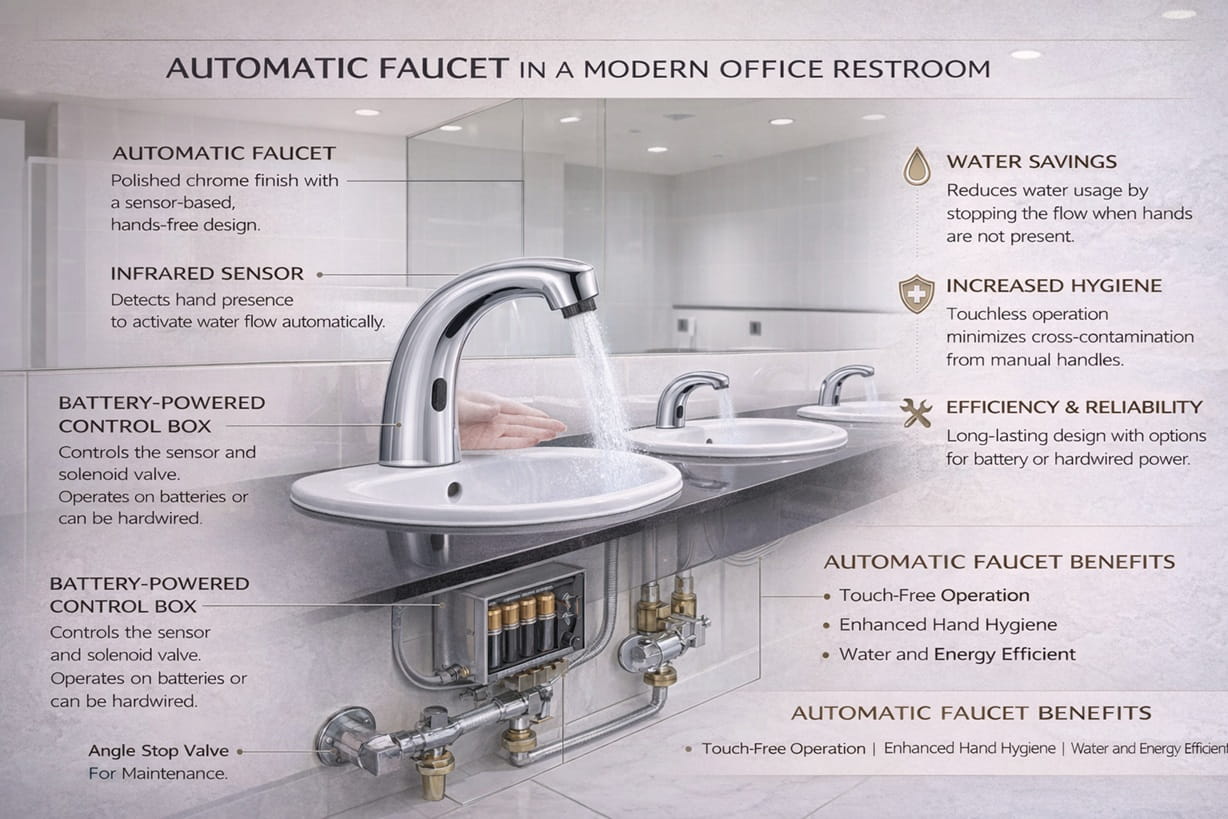 Automatic faucet in a modern office restroom designed for hygiene and water efficiency
