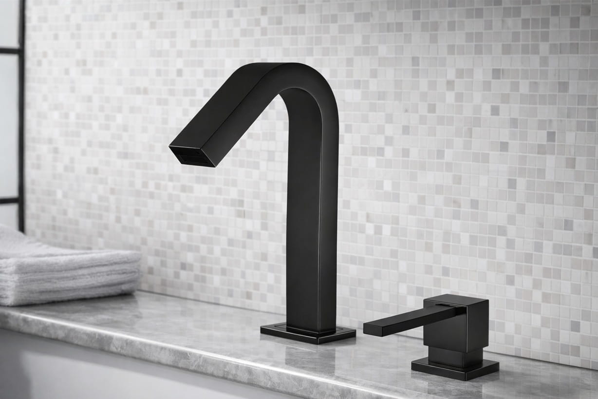 Smart touchless faucet in a modern commercial restroom designed for intelligent building performance and water efficiency