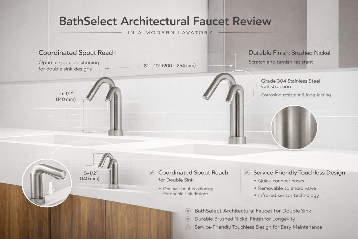 BathSelect architectural faucet review in a modern lavatory showing coordinated spout reach, durable finish, and service-friendly touchless design
