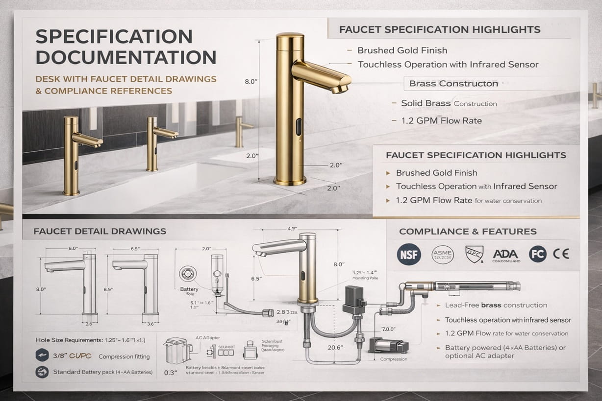Specification documentation desk with faucet detail drawings and compliance references