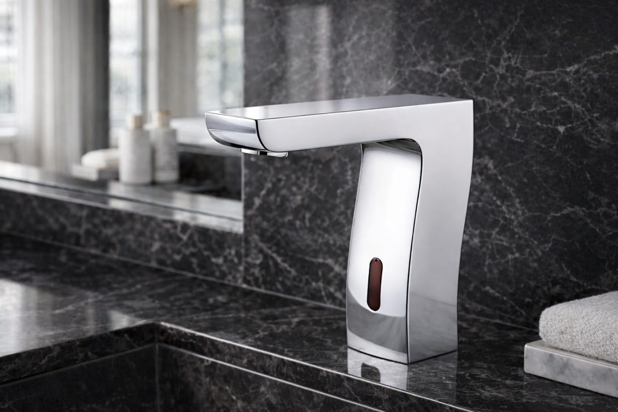 Smart touchless faucet in a modern restroom supporting water conservation and sustainable building design