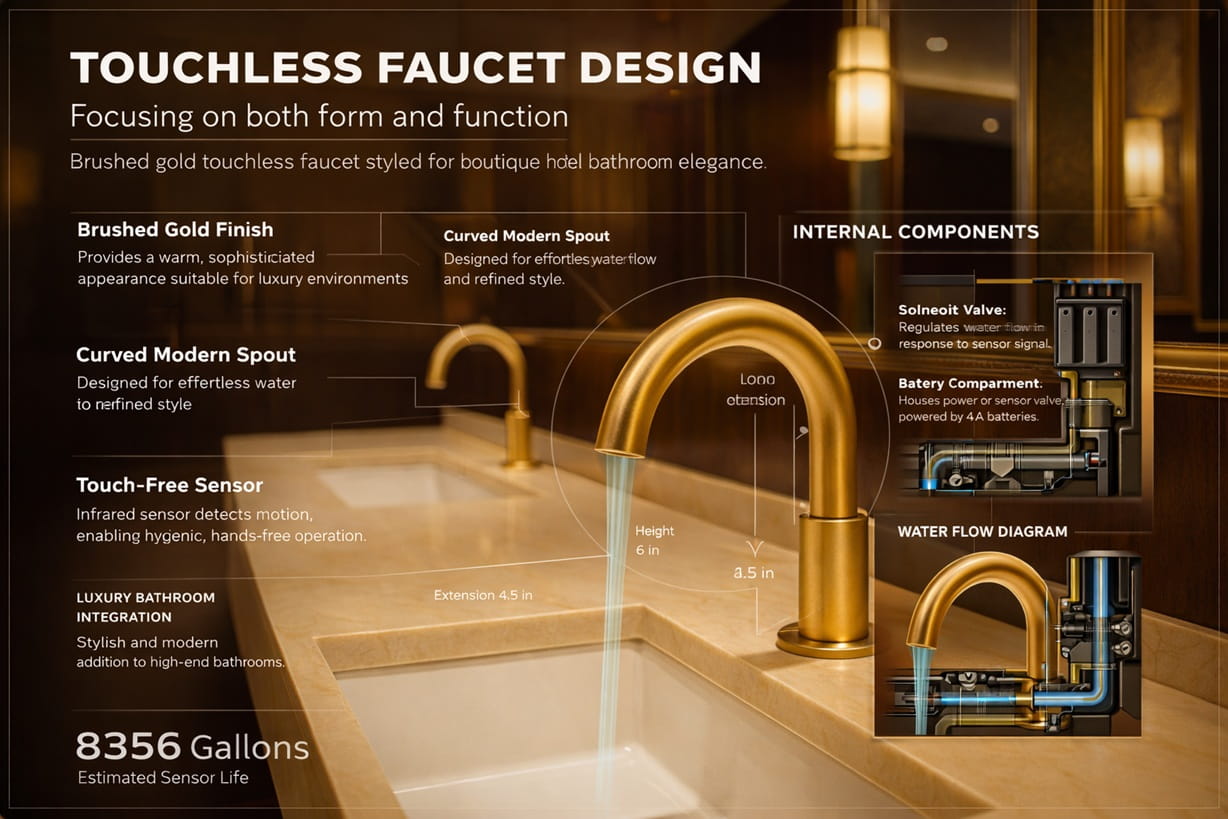 Brushed gold touchless faucet styled for boutique hotel bathroom elegance