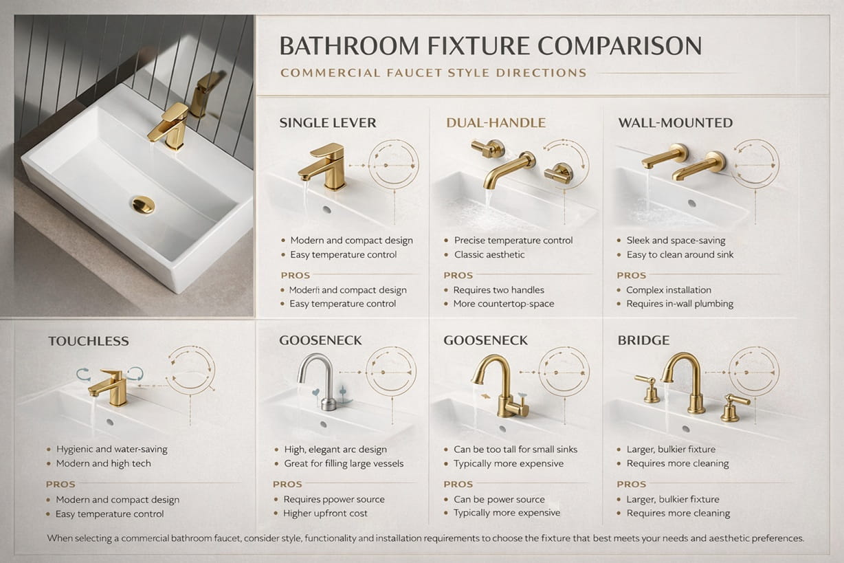 Bathroom fixture comparison image showing several commercial faucet style directions