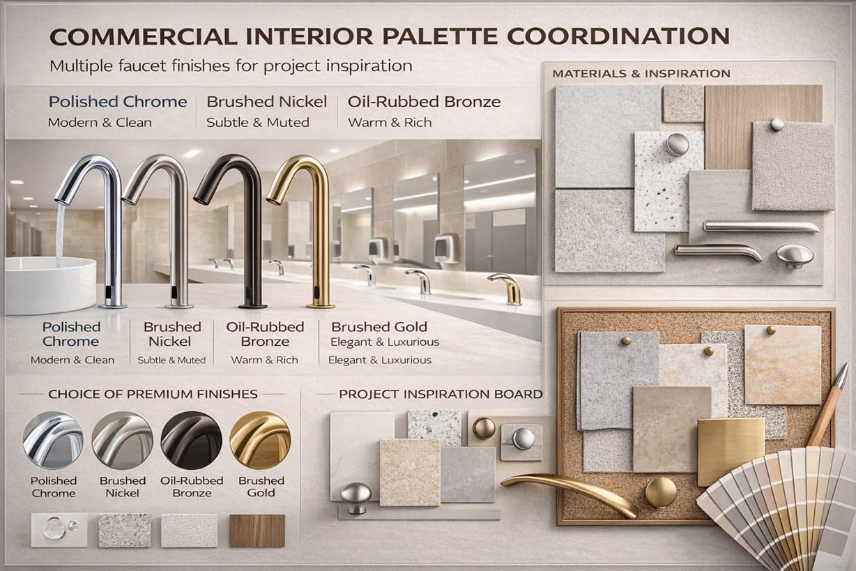 Commercial interior palette coordination board with multiple faucet finishes for project inspiration