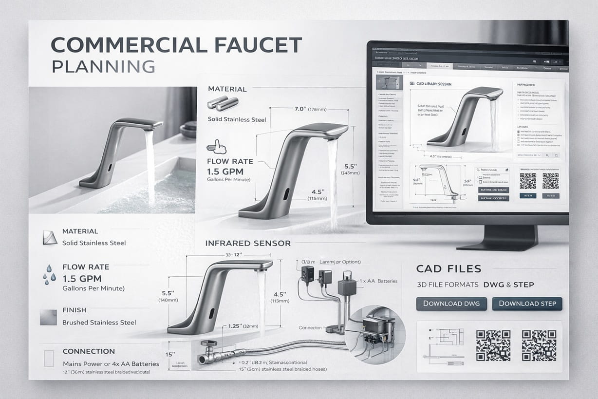 Specification sheet and CAD library screen for commercial faucet planning