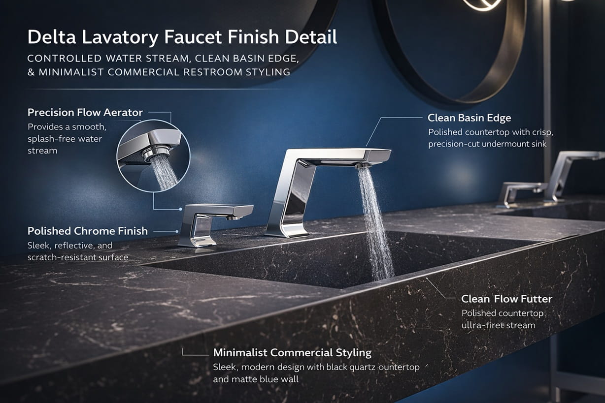 Delta lavatory faucet finish detail with controlled water stream, clean basin edge, and minimalist commercial restroom styling