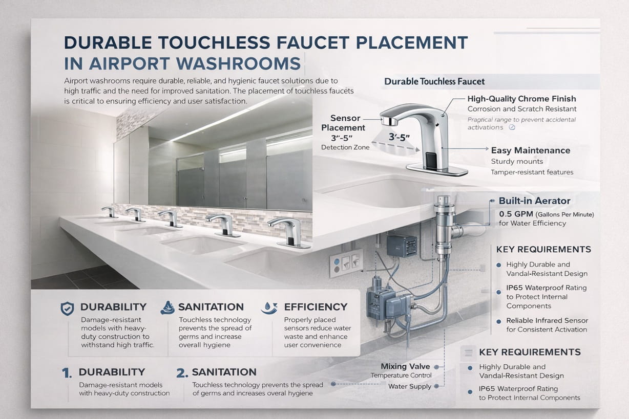 Airport washroom case study image showing durable touchless faucet placement in public terminals