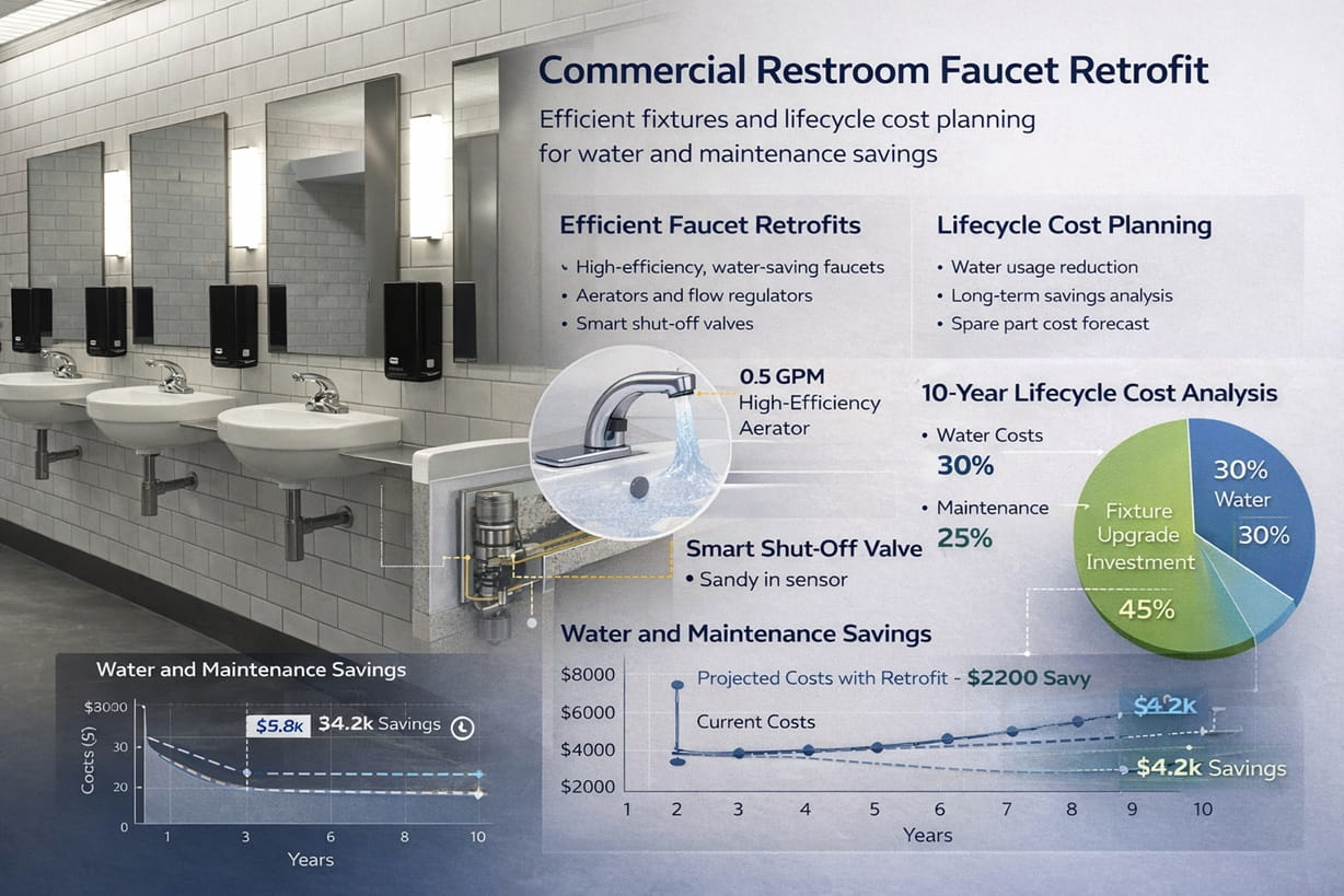 Commercial restroom faucet retrofit with efficient fixtures and lifecycle cost planning for water and maintenance savings