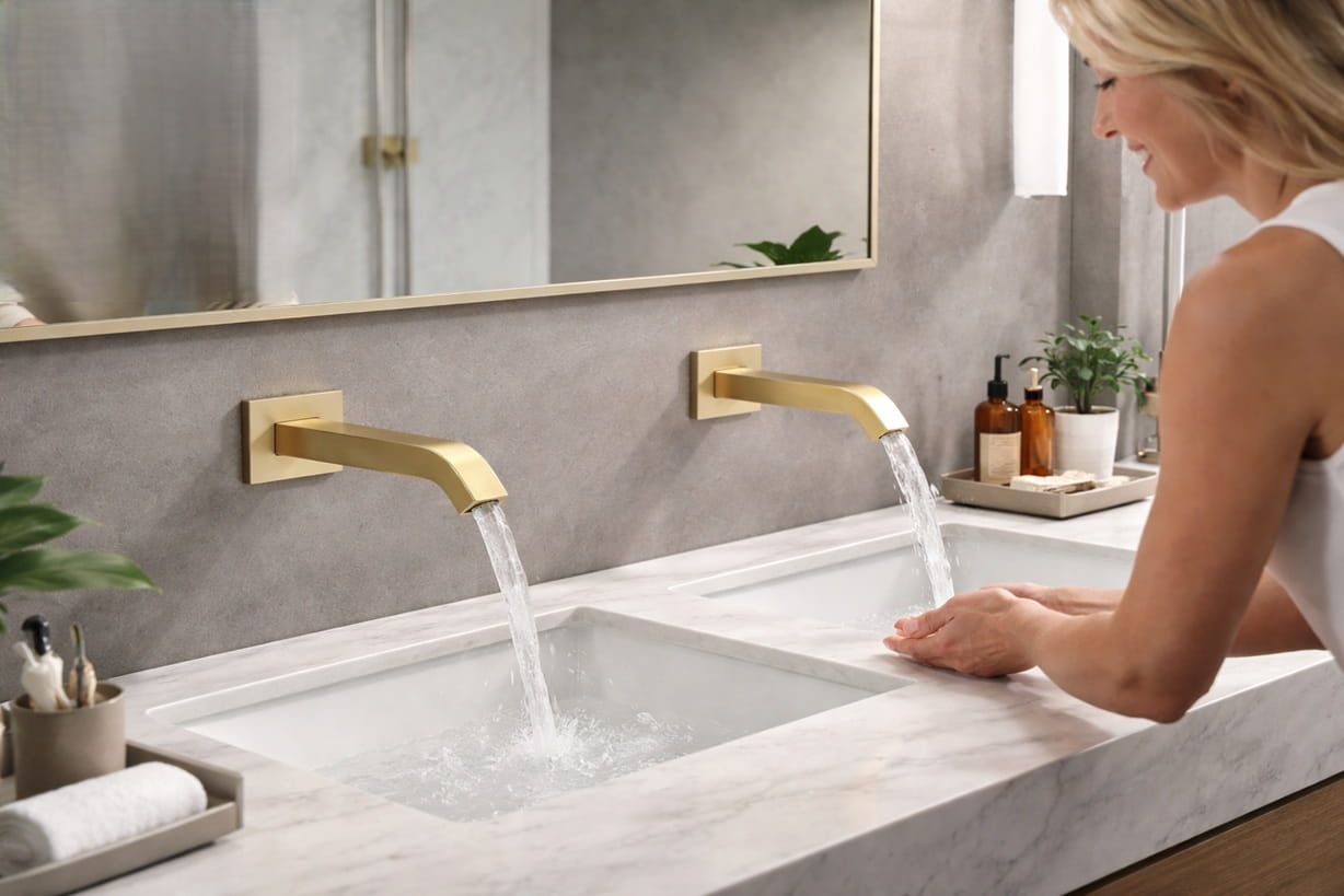 Smart touchless faucet in a modern commercial restroom designed for intelligent building performance and water efficiency