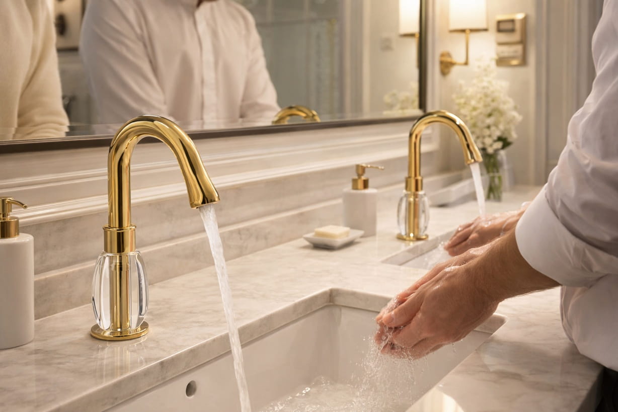 Touchless smart faucet technology used in modern architectural plumbing systems