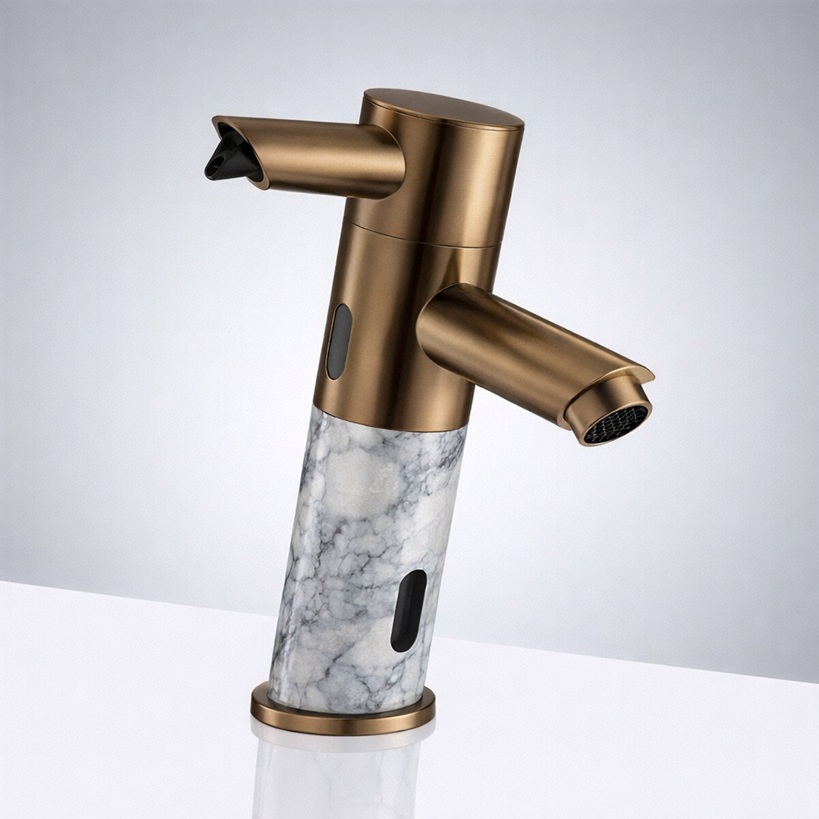 Smart touchless faucet in a modern commercial restroom designed for intelligent building performance and water efficiency