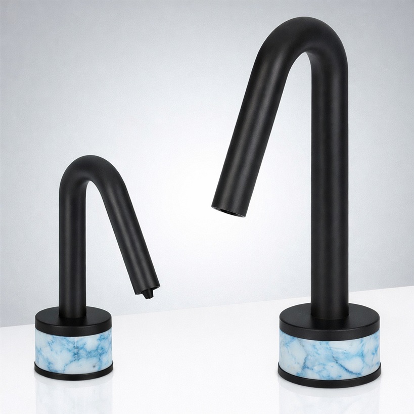 Smart touchless faucet in a modern commercial restroom designed for water efficiency and intelligent building performance