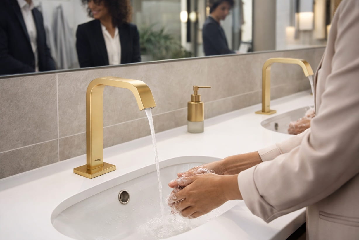 Smart touchless faucet positioned for ergonomic use in a modern commercial restroom