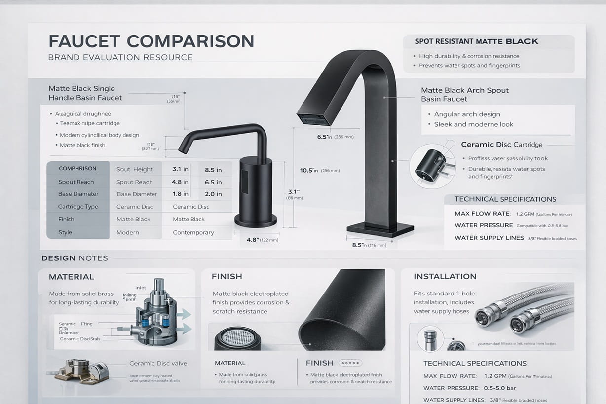 Brand evaluation resource layout with faucet comparison pages and design notes