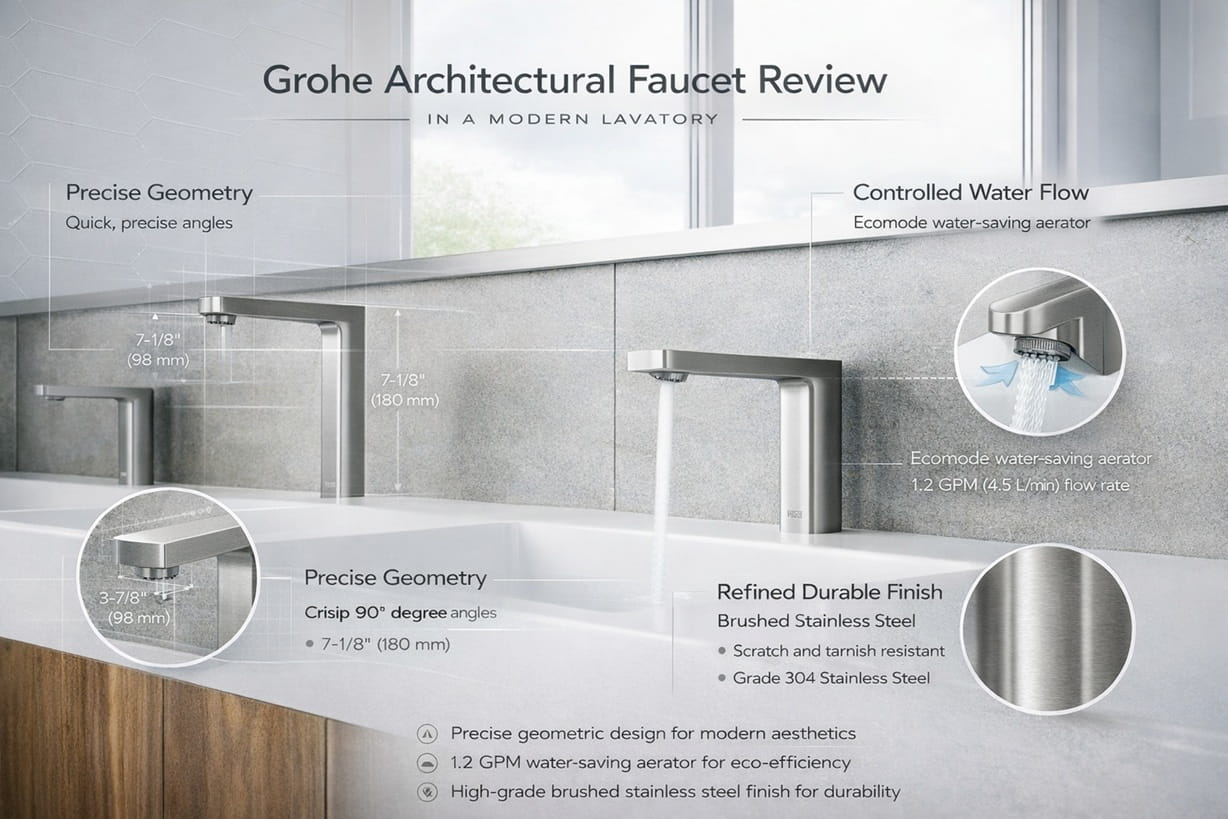 Grohe architectural faucet in a modern lavatory showing precise geometry, controlled water flow, and a refined durable finish