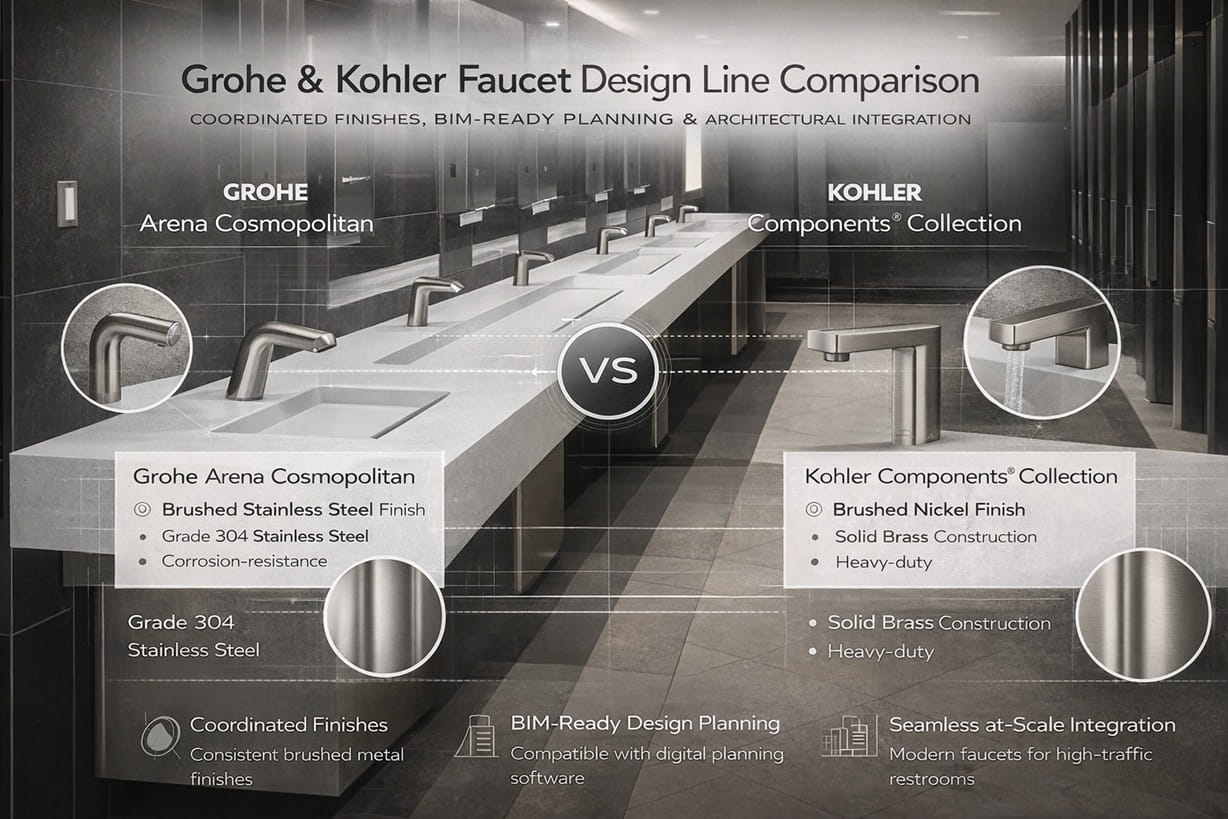 Grohe and Kohler faucet design line comparison in a modern bathroom setting with coordinated finishes, BIM-ready planning, and architectural integration