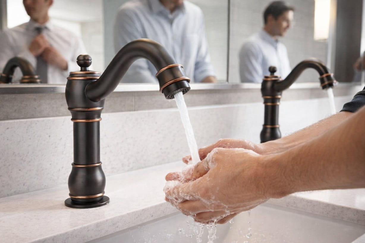 Touchless smart faucet in a modern commercial restroom designed for intelligent building performance