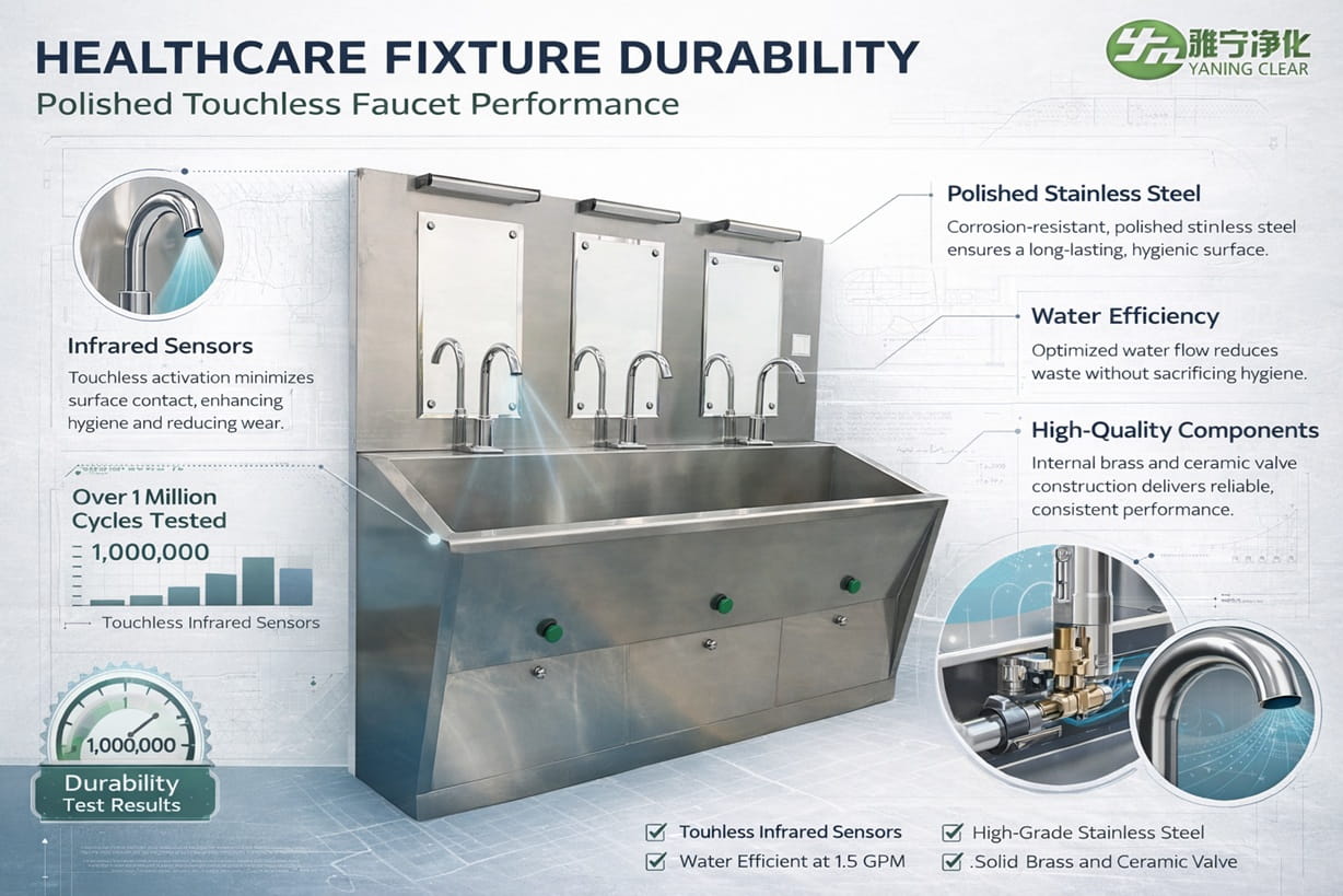 Healthcare fixture durability concept highlighting polished touchless faucet performance