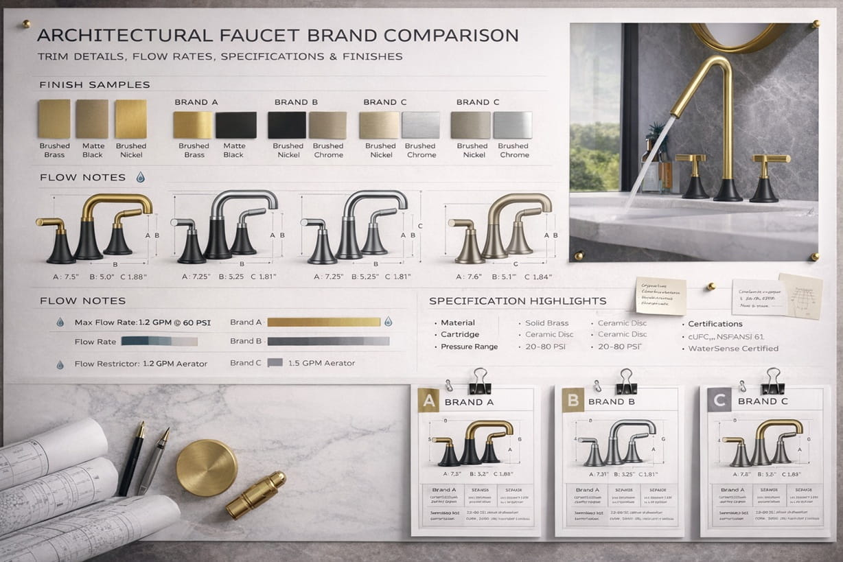 Architectural faucet brand comparison board with finish samples, flow notes, spec documents, and modern project-selection context