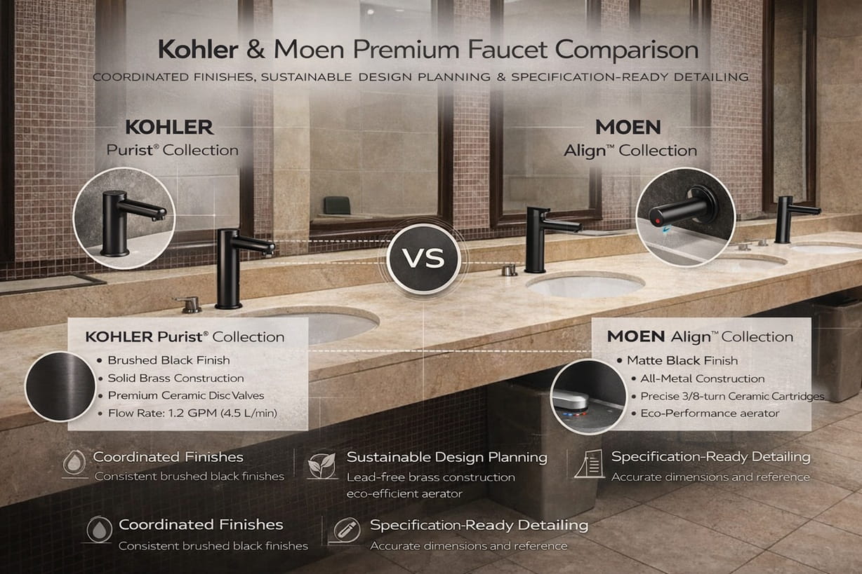 Kohler and Moen premium faucet comparison in a modern architectural bathroom with coordinated finishes, sustainable design planning, and specification-ready detailing