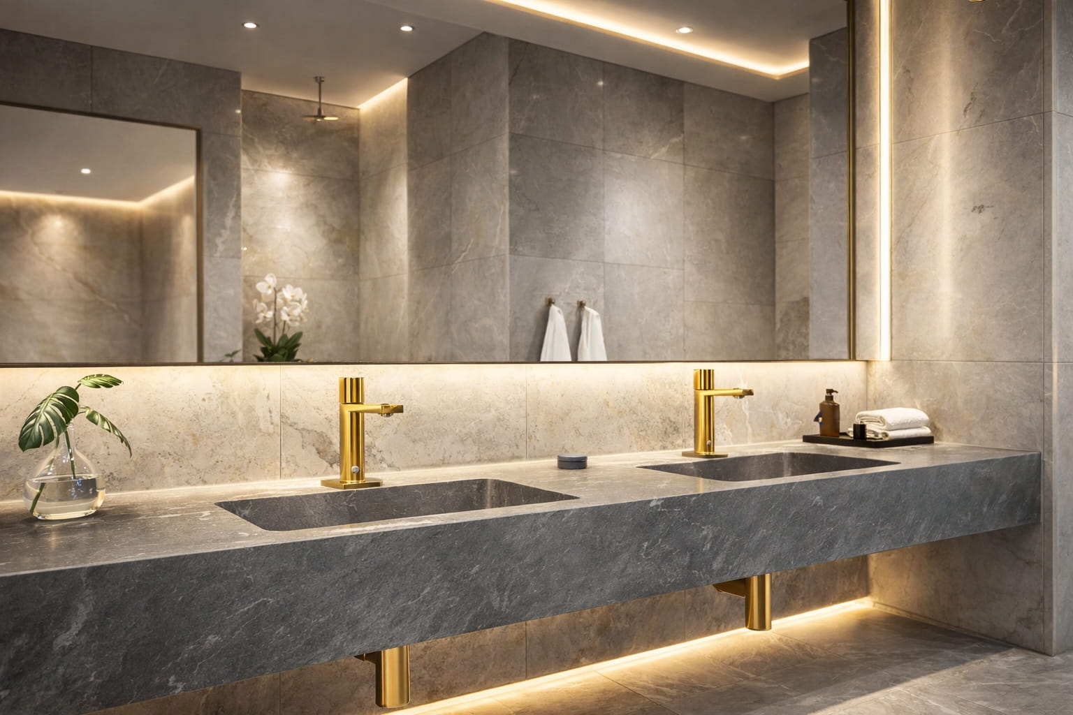 Sensor faucet integrated into a modern architectural restroom design