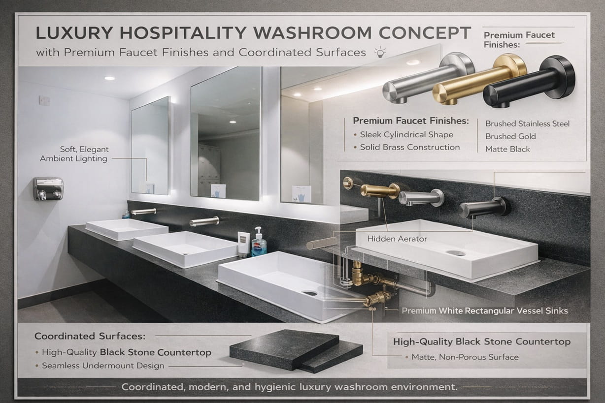 Luxury hospitality washroom concept with premium faucet finishes and coordinated surfaces