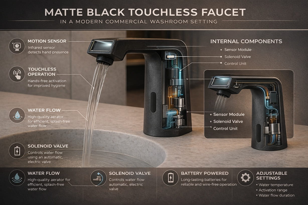 Matte black touchless faucet in a modern commercial washroom setting