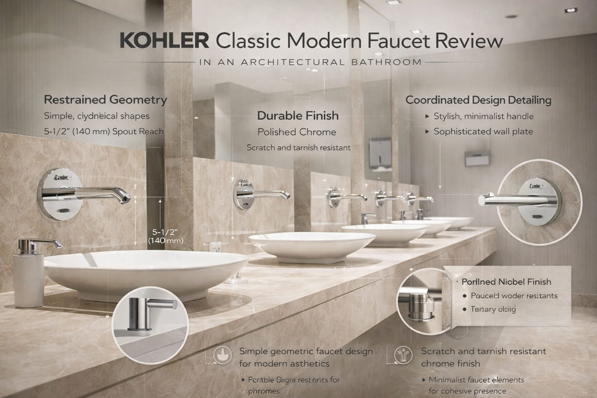 Kohler classic modern faucet in an architectural bathroom showing restrained geometry, durable finish, and coordinated design detailing