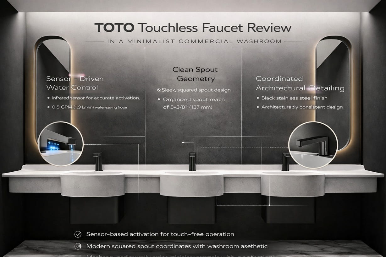 Toto touchless faucet in a minimalist commercial washroom showing sensor-driven water control, clean spout geometry, and coordinated architectural detailing