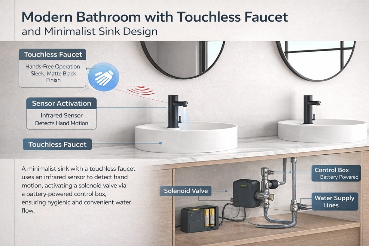modern bathroom with touchless faucet and minimalist sink design