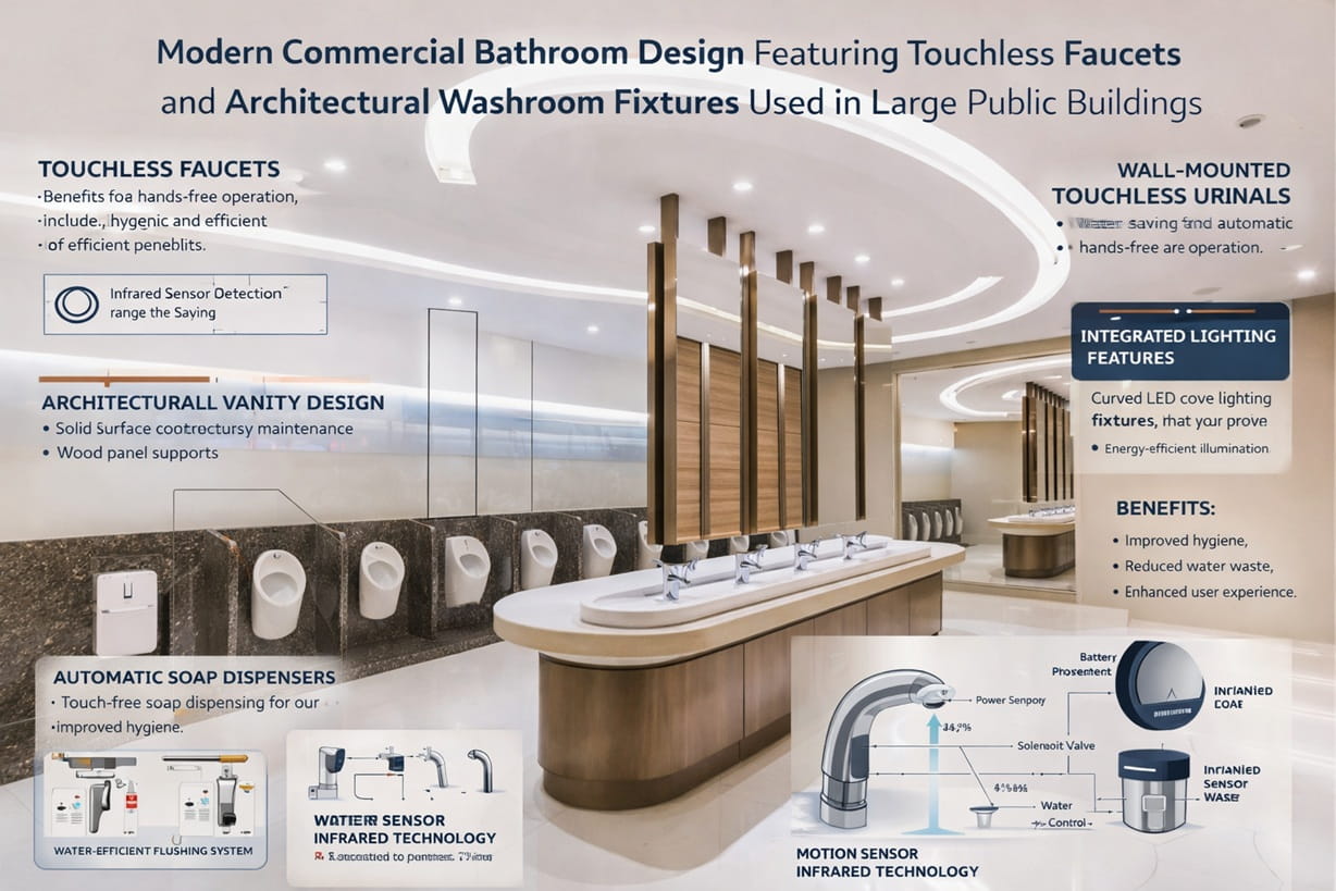 Modern commercial bathroom design featuring touchless faucets and architectural washroom fixtures used in large public buildings