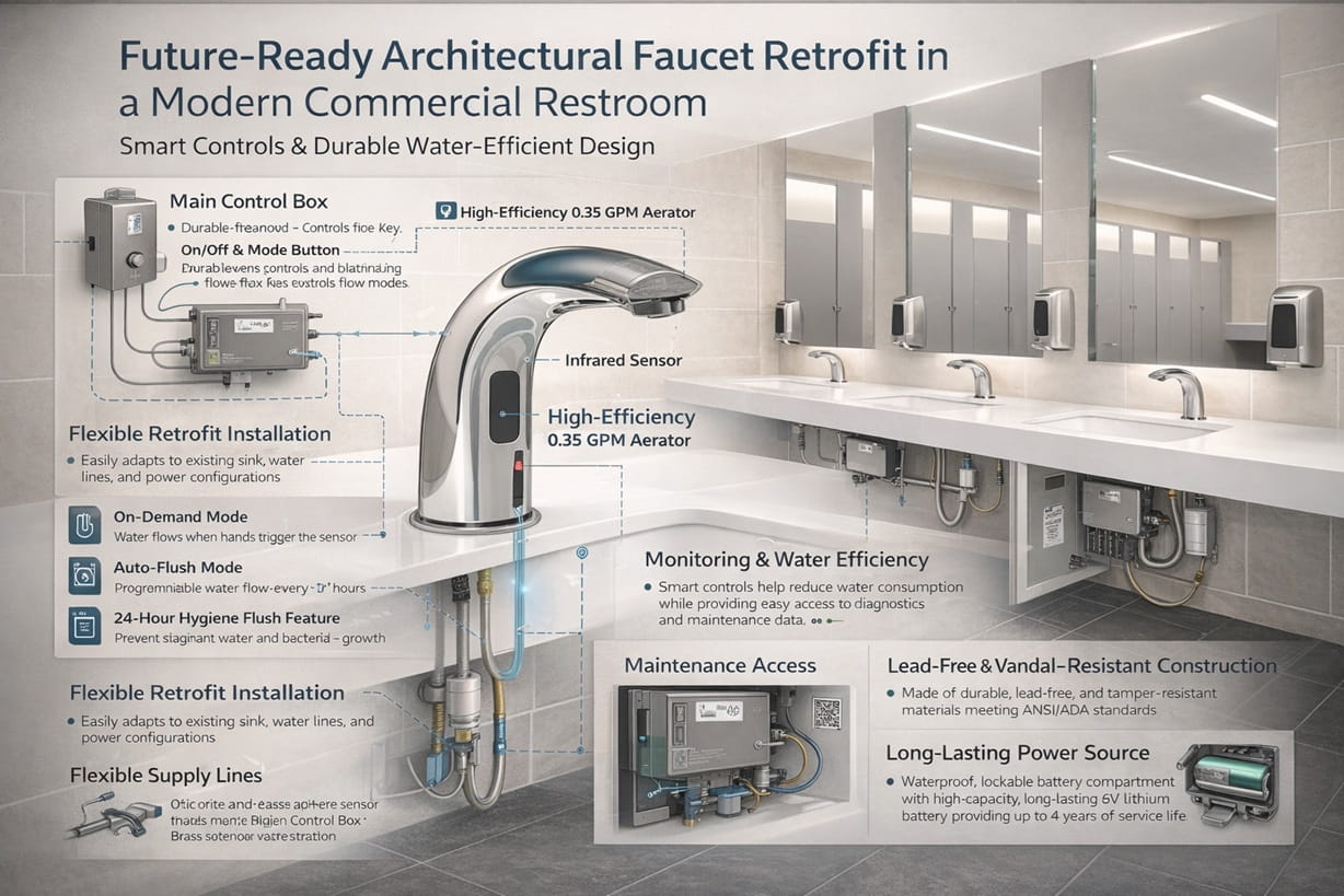 Future-ready architectural faucet retrofit in a modern commercial restroom with smart controls and durable water-efficient design