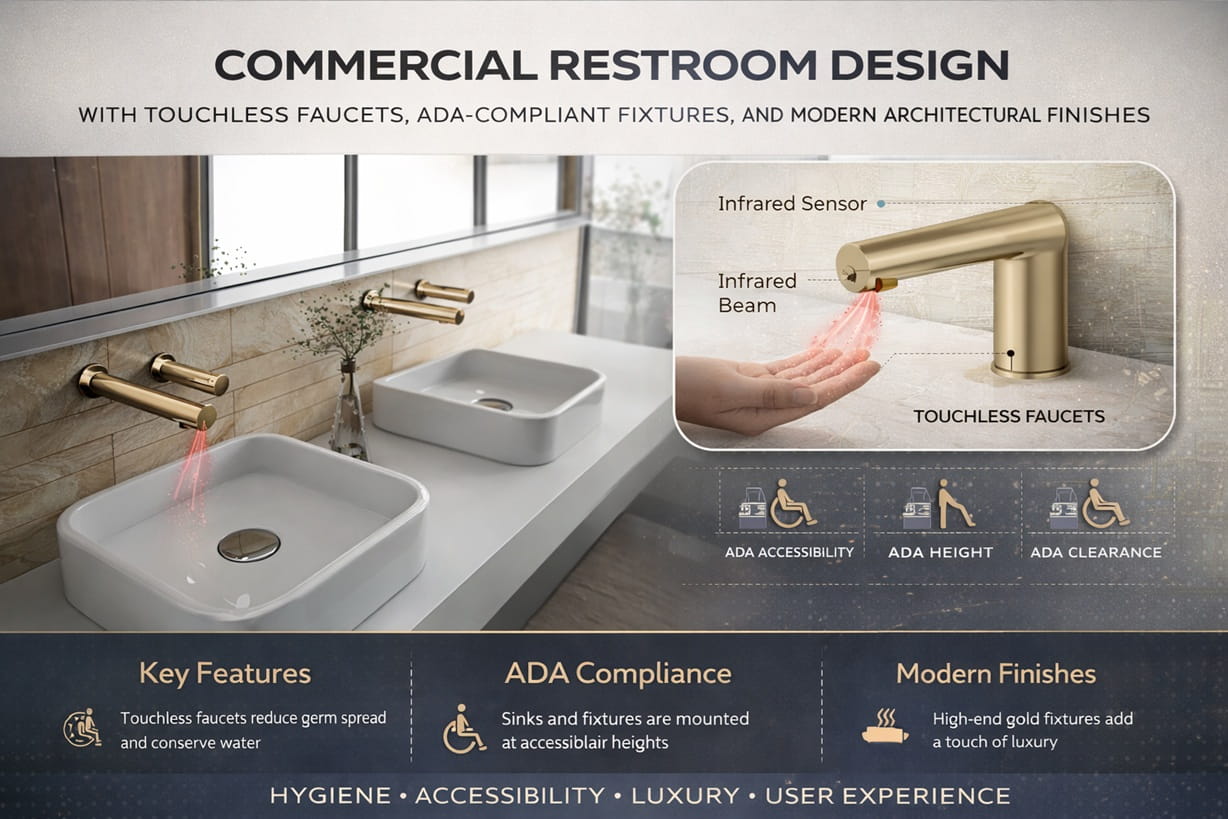 Commercial restroom design with touchless faucets, ADA-compliant fixtures, and modern architectural finishes