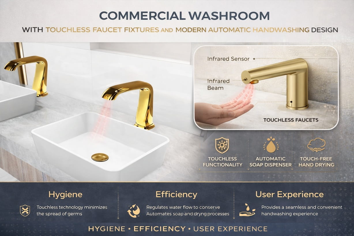 Commercial washroom with touchless faucet fixtures and modern automatic handwashing design