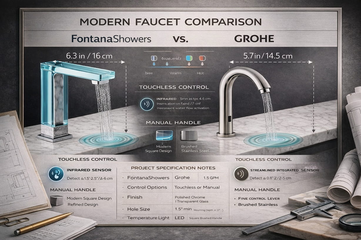 FontanaShowers vs GROHE modern faucet comparison board showing touchless control, manual handle refinement, and project-specification notes