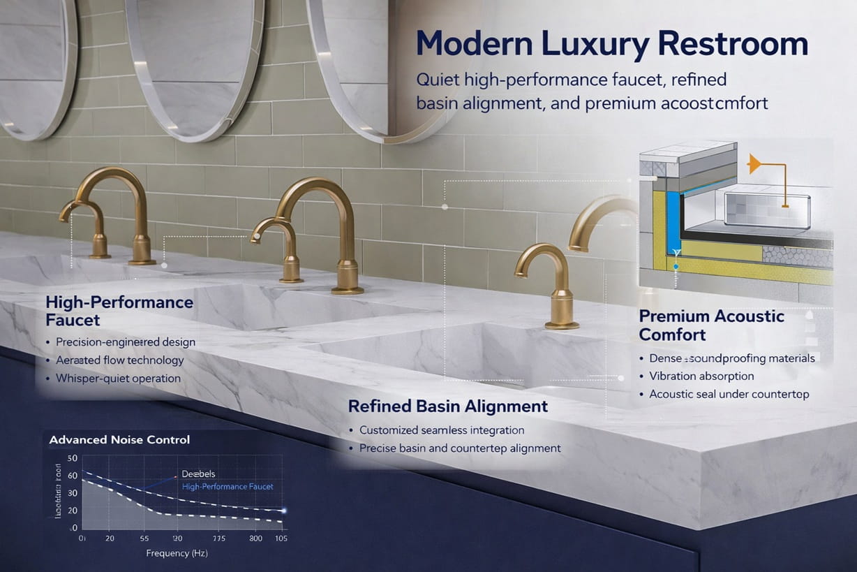 Modern luxury restroom with a quiet high-performance faucet, refined basin alignment, and premium acoustic comfort