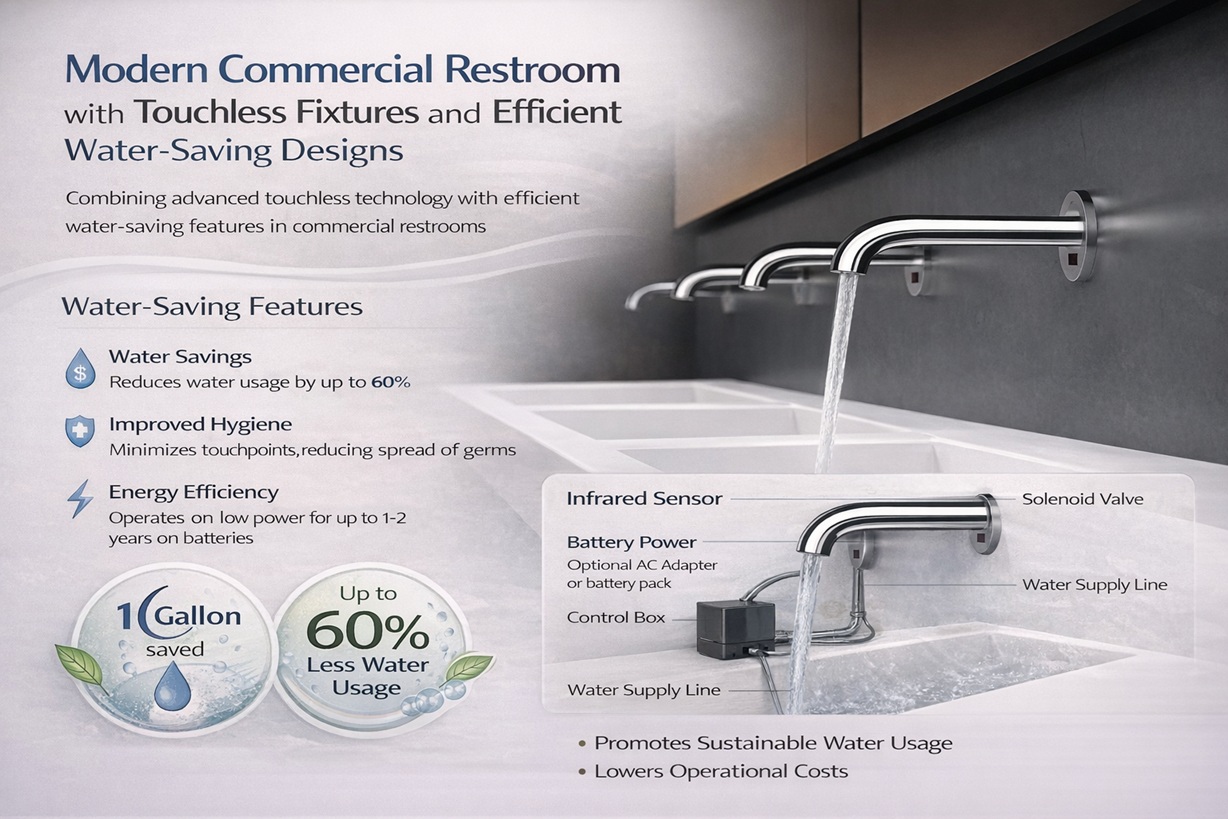 Modern commercial restroom with touchless fixtures and efficient water-saving design
