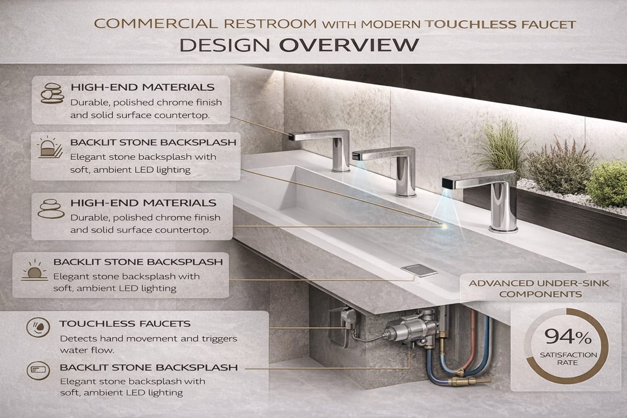 Commercial restroom with modern touchless faucet design overview
